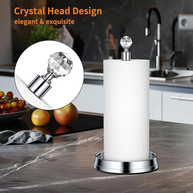 KASUNTO Crystal Ball Paper Towel Holder - Steel Stand for Countertops & Tables, Fits Standard & Jumbo Rolls, Polished Chrome - Image 3