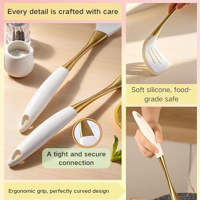 Elegant White Gold Silicone Cooking Utensils Set - Non-Toxic, Dishwasher Safe Kitchen Utensils Set with Heat Resistant Comfort Handles - Includes Spatula & Spoon for Nonstick Cookware - Image 6