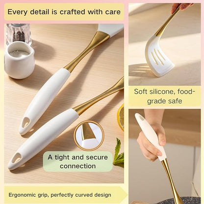 Elegant White Gold Silicone Cooking Utensils Set - Non-Toxic, Dishwasher Safe Kitchen Utensils Set with Heat Resistant Comfort Handles - Includes Spatula & Spoon for Nonstick Cookware - Image 6