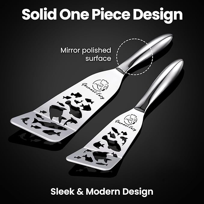 Stainless Steel Fish Spatula Set – Funky Fish Edition, 1 Large Fish Turner + 1 Small Metal Spatula, Ultra-Thin Edge for Easy Turning & Flipping, Ergonomic Non-Slip Handle, Dishwasher Safe - Image 5