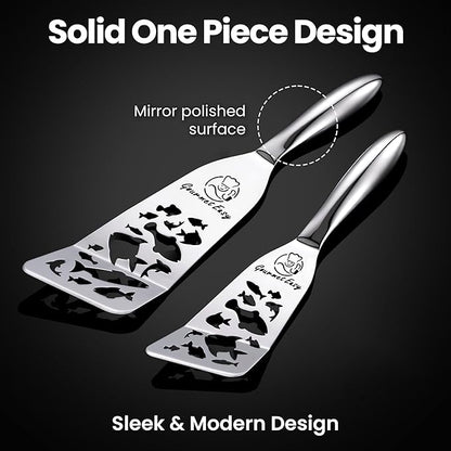 Stainless Steel Fish Spatula Set – Funky Fish Edition, 1 Large Fish Turner + 1 Small Metal Spatula, Ultra-Thin Edge for Easy Turning & Flipping, Ergonomic Non-Slip Handle, Dishwasher Safe - Image 5