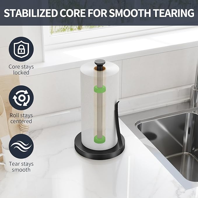 Jesginboo Countertop Paper Towel Holder for Kitchen, Stainless Steel Tension Arm for One-Handed Tear, Stainless Steel Paper Towel Holder Stand for Kitchen Bathroom, Black
