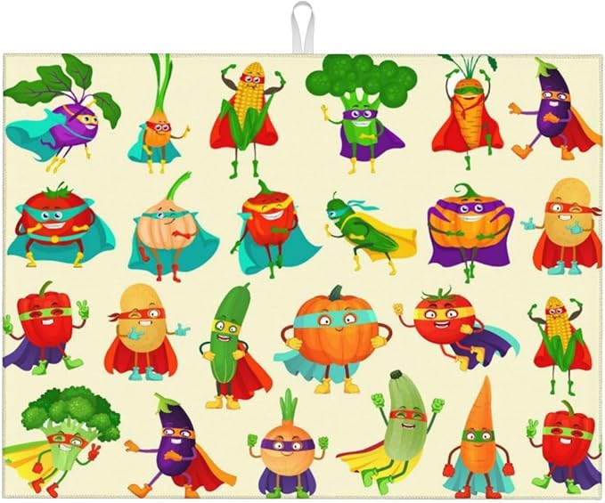 Colorful Cartoon Vegetable Dish Drying Mats, 18 x 24 inch Absorbent Microfiber Decorative Kitchen Counter Mats, Polyester, Washable, Absorption, Foldable, for Sink, Dishes Utensils, Small Appliances