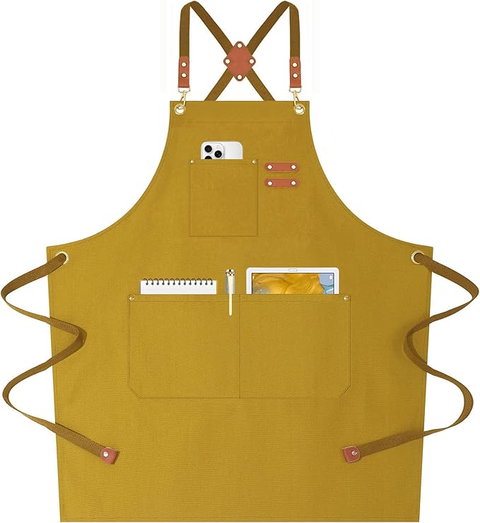 AFUN Chef Aprons for Women Men with Oversized Pockets, 12-Ounce Cotton Canvas Cross Back Water Repellent Apron (Brown) by BringYouaFun