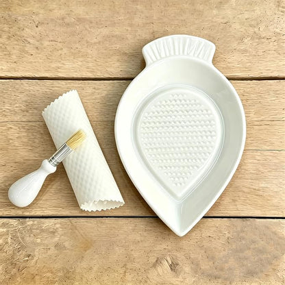 Ceramic Grater Plate for Ginger, Garlic, Onion, Cheese, Lemon, Chocolate, Vegetables and Fruits in Kitchen, White Garlic Grater with Peeler and Brush, Carrot-shaped