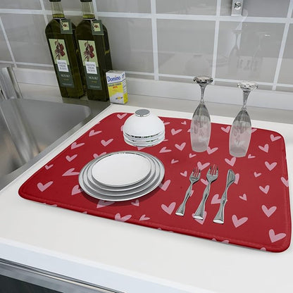 Valentines Dish Drying Mat for Kitchen Counter 18x24 Inch Valentine's Day Red Pink Love Heart Print Absorbent Reversible Microfiber Drying Mats Kitchen Countertop Protector Dishes Drainer Rack Pad - Image 6
