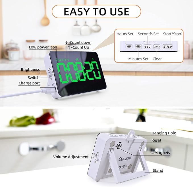 Rechargeable Digital Kitchen Timer for Cooking, Magnetic Timers with Countdown/up, Kids Timer with 5”LED Display 3 Brightness 4 Volume Adjustable for Classroom/Office/Home/Work/Fitness/Game(Green) - Image 6