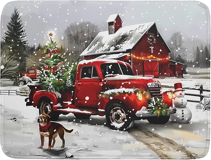 Christmas Red Truck Dish Drying Mat for Kitchen Counter 18x24 Inch Xmas Tree Snowman Dog Winter Print Absorbent Reversible Microfiber Drying Mats Kitchen Countertop Protector Dishes Drainer Rack Pad by Aytipun