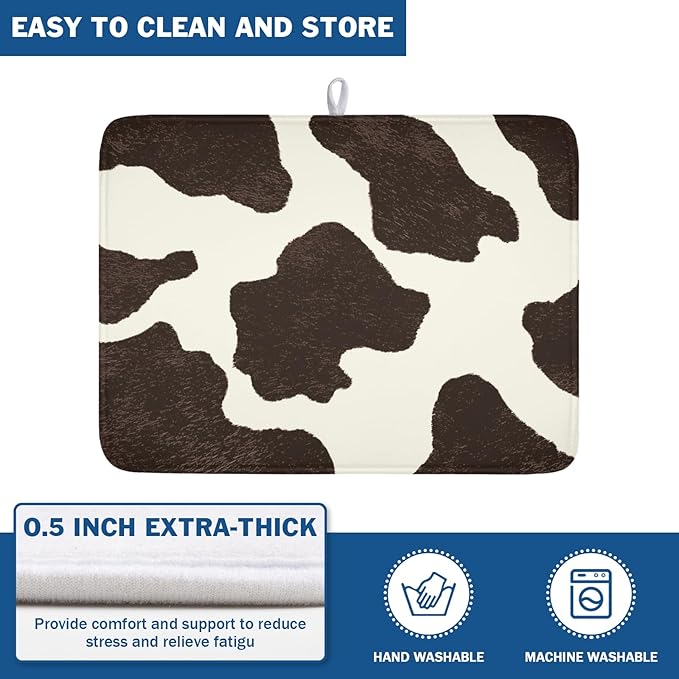Milk Cow Drying Mat 24x18 Inch, Brown White Cowhide Drying Mat with Absorbent Reversible Microfiber, Cattle Fur Farmhouse Dish Drainer Mats Summer Rack Pad for Coffee Countertop Kitchen Protector