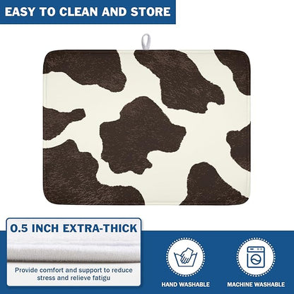 Milk Cow Drying Mat 24x18 Inch, Brown White Cowhide Drying Mat with Absorbent Reversible Microfiber, Cattle Fur Farmhouse Dish Drainer Mats Summer Rack Pad for Coffee Countertop Kitchen Protector