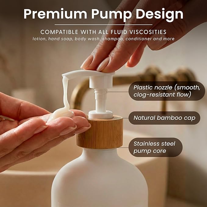 MaisoNovo Glass Soap Dispenser Bathroom Set of 2-16.9 oz Bathroom Soap Dispenser Set - White Glass Bottles x 2 with White Bamboo Pumps & Tray