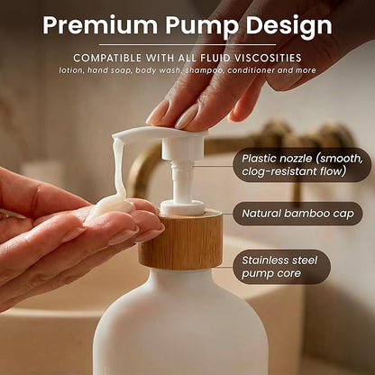 MaisoNovo Glass Soap Dispenser Bathroom Set of 2-16.9 oz Bathroom Soap Dispenser Set - White Glass Bottles x 2 with White Bamboo Pumps & Tray