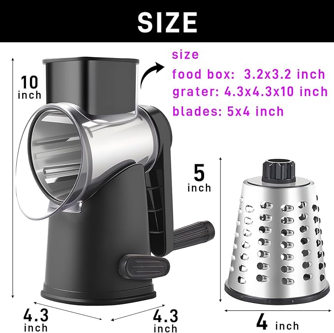 Weltonhm Rotary Cheese Grater with 4 Blades, Large Hand Crank Cheese Grater with Waffle Slicer, Black and White Cheese Slicer with Suction Base, Easier for Shredding& Grating (black, 4 Graters)