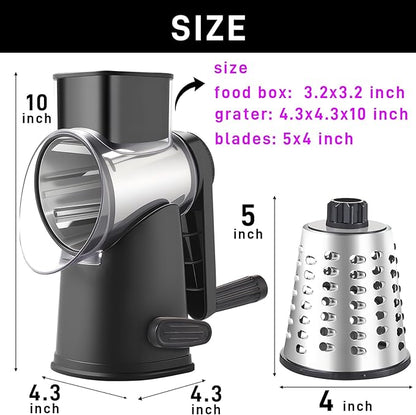 Weltonhm Rotary Cheese Grater with 4 Blades, Large Hand Crank Cheese Grater with Waffle Slicer, Black and White Cheese Slicer with Suction Base, Easier for Shredding& Grating (black, 4 Graters)