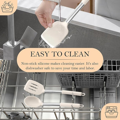 TeamFar Kitchen Utensils, 4 PCS Silicone Cooking Utensils Spatula Spoon Set with Stainless Steel Handle, for Frying Mixing Draining Turning, Healthy & Heat-proof, Non-stick & Dishwasher Safe - Khaki - Image 7
