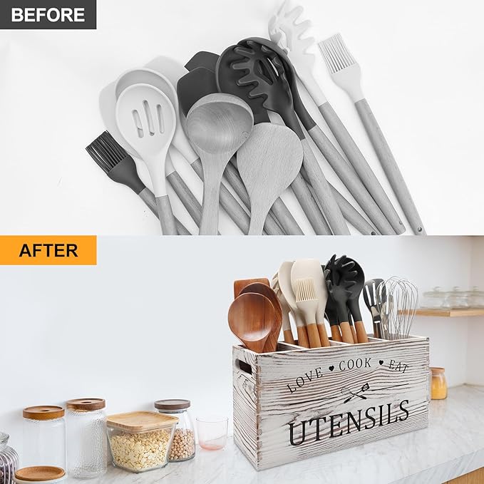 Rustic White Wooden Utensil Holder for Kitchen Counter Decor Extra Large Utensil Crock Organizer Silverware Caddy Farmhouse Wood Cutlery Holder Cooking Utensil Stand Storage kitchen Tools Holder - Image 7