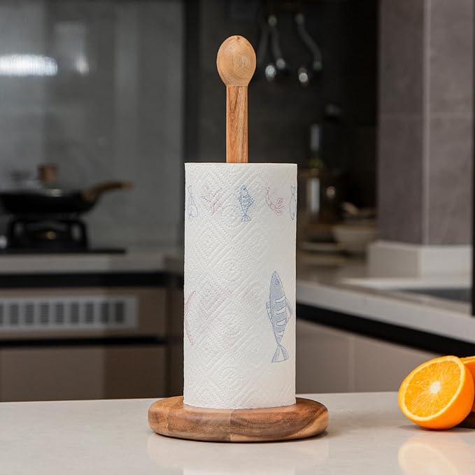 14.5" Acacia Wooden Paper Towel Holder, 6.7" Large Heavy Base Wooden Kitchen Paper Towel Roll Stand Organizer Free Standing Paper Roll Holder, Thickened Rustic Farmhouse Paper Towel Holder Stand