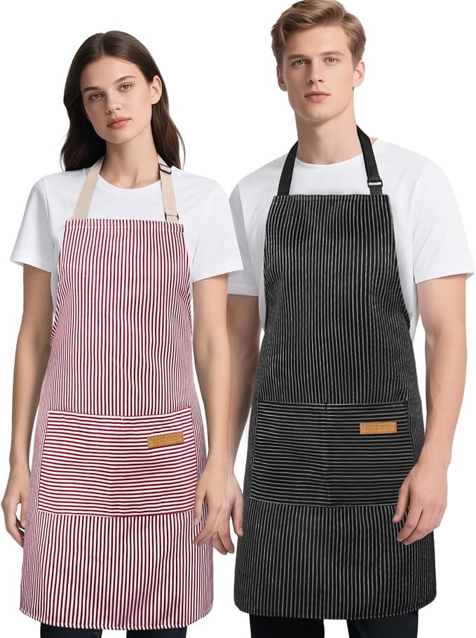 2 Pack Kitchen Cooking Aprons, Soft Aprons for Women Men with 2 Pockets Chef Apron with Adjustable Neck Strap and Long Tie by Cardkiss