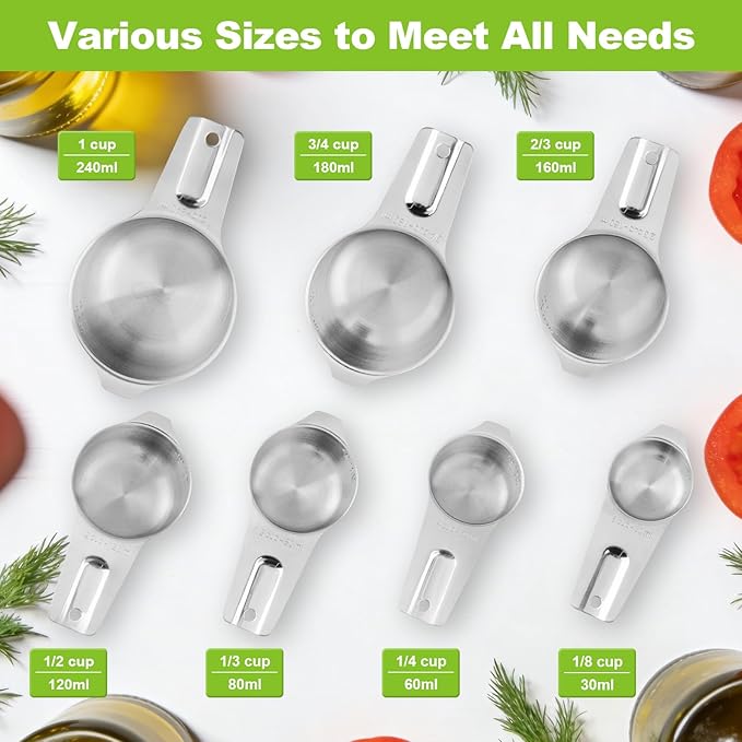 Stainless Steel Measuring Cups Set of 7, Stackable Measure Cups Kitchen Gadgets for Cooking Baking Supplies Tools, Nesting Metal Cup Spoons Easy to Read Markings for Dry & Liquid Measurements Baker - Image 2