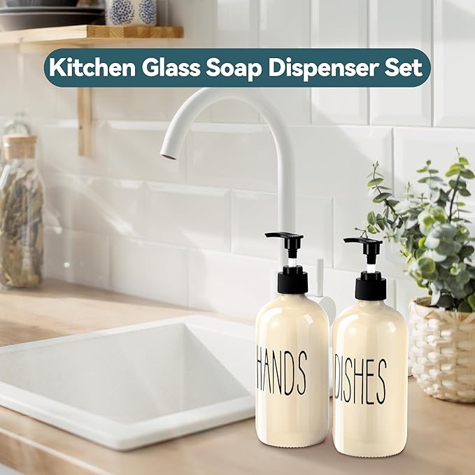 COHOSEGE Glass Soap Dispenser Set 2 Pack,16 Oz Dish Soap Dispenser for Kitchen Sink,Beige Kitchen Accessories and Kitchen Decor,Beige Decorations and Kitchen Utensils for Kitchen - Image 5