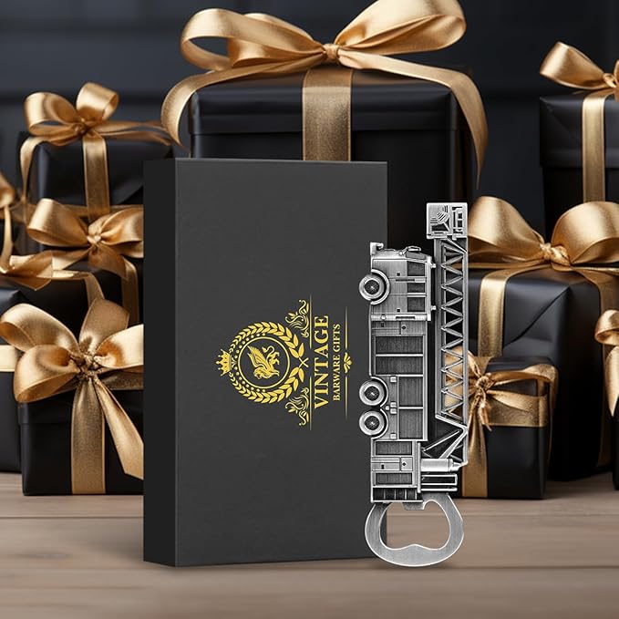 Fire Truck Bottle Opener – Firefighter Gifts for Men, Dad, Grandpa – Silver Fire Truckt-Shaped Bar Accessory with Gift Box – Perfect for Birthday Fathers Day Christmas BBQ Camping