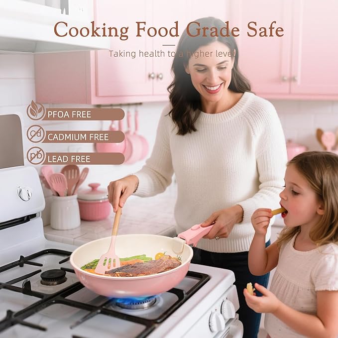 Astercook 21 Pcs Pots and Pans Set Non Stick, Ceramic Cookware Set Detachable Handle, RV Kitchen Cooking Set Removable Handles, Oven Safe, Induction Ready, Stackable, Pink, Mothers Day Gifts - Image 7