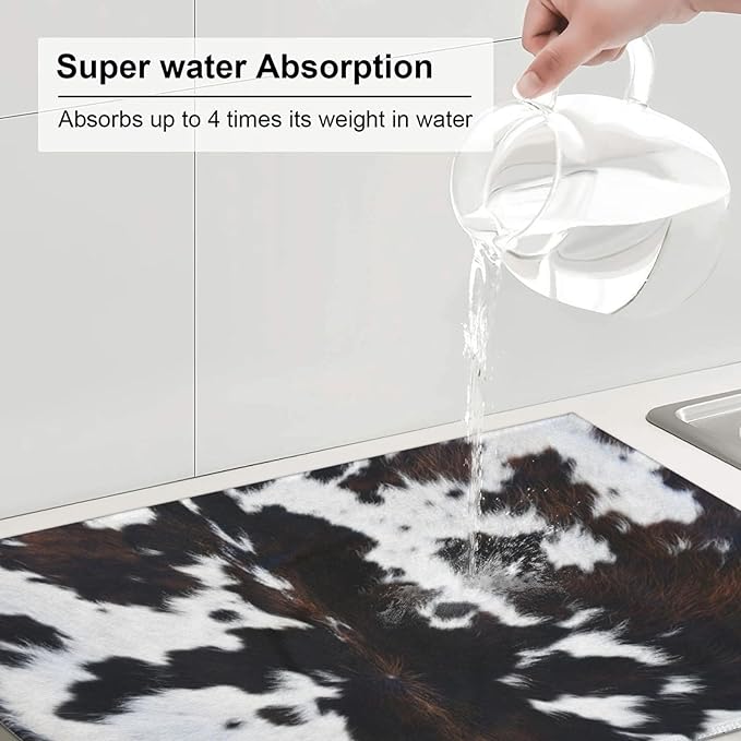 Cow Print Dish Drying Mat Animal fur Black Brown White Classic Drying Rack Pad Countertop Dishes Ultra Absorbent Microfiber Kitchen Counter Mat 18x24 Inch