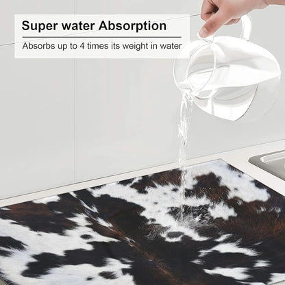 Cow Print Dish Drying Mat Animal fur Black Brown White Classic Drying Rack Pad Countertop Dishes Ultra Absorbent Microfiber Kitchen Counter Mat 18x24 Inch