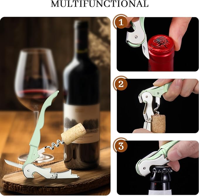 HYZ 2-Pack Wine Opener Waiter Corkscrew, Professional Wine Key for Servers, Bartender with Foil Cutter, Manual Wine Bottle Opener Double Hinged (Matcha Green) - Image 3