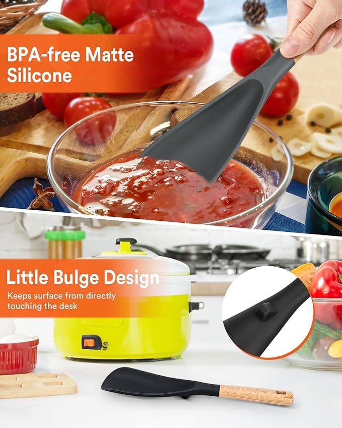 Cooking Spoon for Nonstick Cookwares, Great for Cooking and Serving Sturdy BPA-Free Matte Silicone, Wood Handle Spoon for Mixing, Scoop, and Scrape (Black & Grey, 11.4 inch) - Image 5