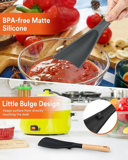 Cooking Spoon for Nonstick Cookwares, Great for Cooking and Serving Sturdy BPA-Free Matte Silicone, Wood Handle Spoon for Mixing, Scoop, and Scrape (Black & Grey, 11.4 inch) - Image 5