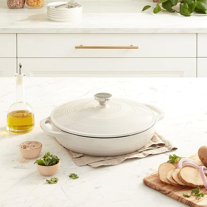 Lodge 3.6 Quart Enameled Cast Iron Round Casserole With Lid– Dual Handles – Oven Safe up to 500° F or on Stovetop - Use to Marinate, Cook, Bake, Refrigerate and Serve – Oyster White - Image 2