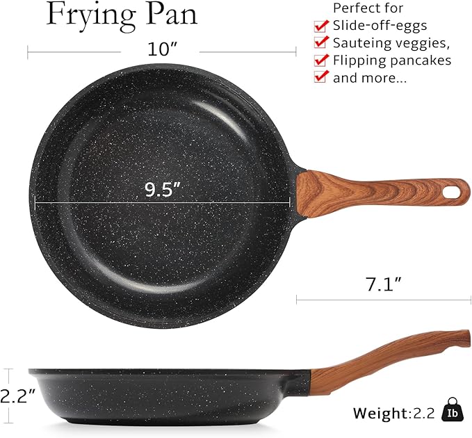 ESLITE LIFE Nonstick Ceramic Frying Pan Skillet, Non-Toxic Egg Omelette Kitchen Cooking Pans Compatible with All Stovetops (Gas, Electric & Induction), PTFE & PFOA Free (Black, 9.5'') - Image 2