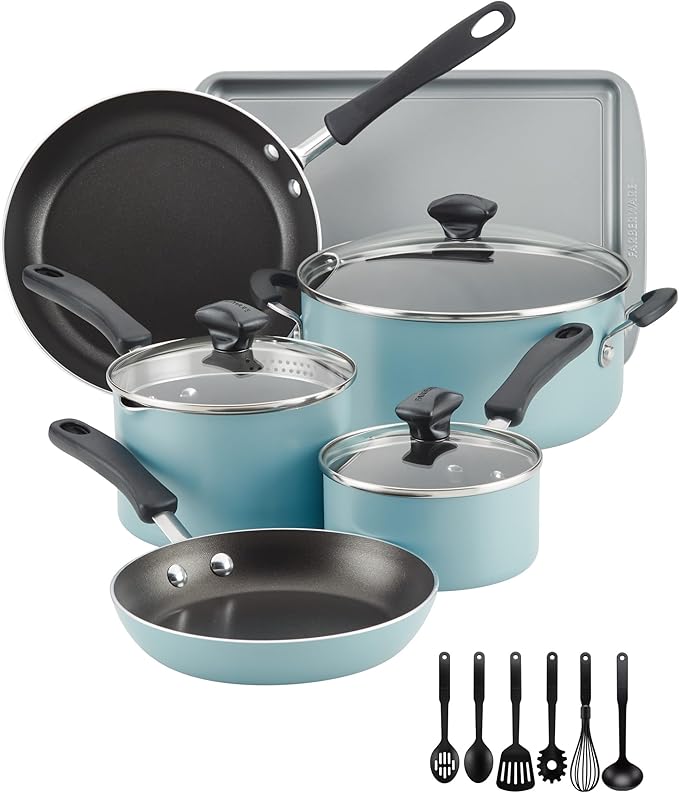Farberware Cookstart DiamondMax Nonstick Cookware/Pots and Pans Set, Dishwasher Safe, Includes Baking Pan and Cooking Tools, 15 Piece - Aqua - Image 2