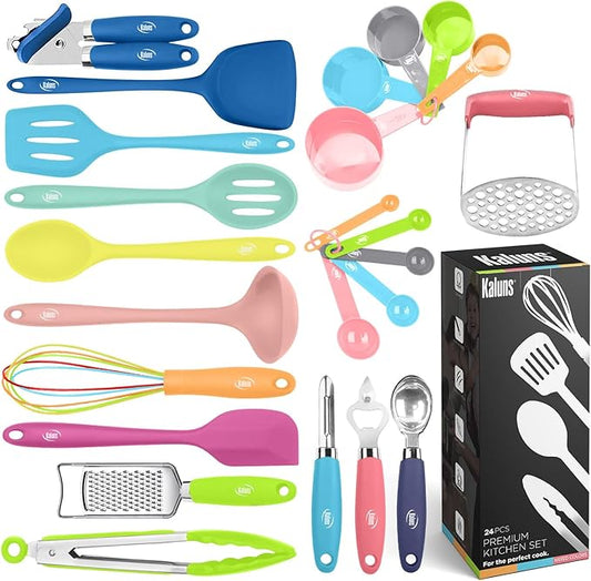 Kaluns 24 Pcs Silicone Cooking Utensils Set - Can Opener, Masher, Turner, Spatula, 446F Heat Resistant, Non-Stick, Premium Silicone & Stainless Steel