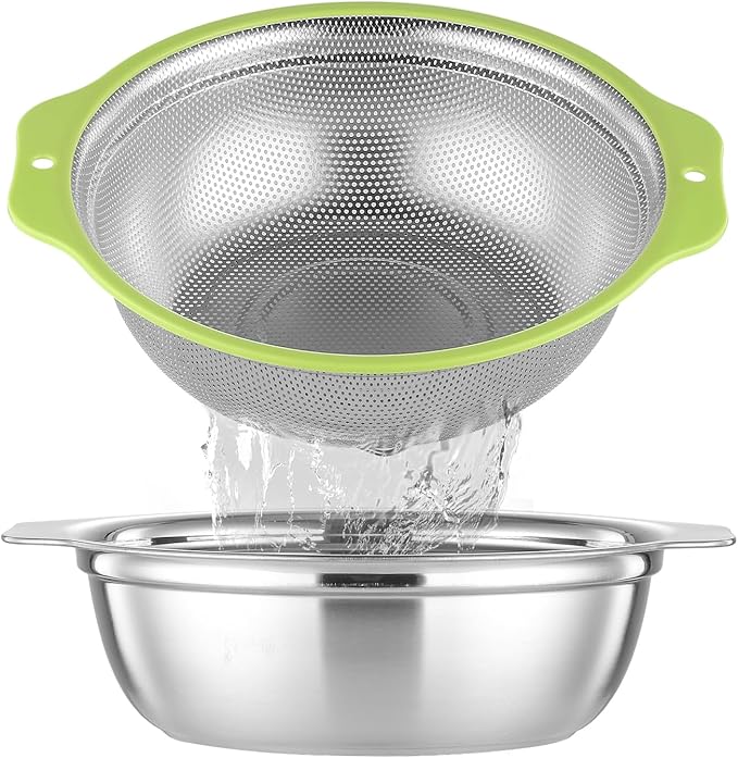 Colander Stainless Steel Microporous, 2QT Rice Strainer with Mixing Bowl, Rice Washer Bowl Set with Handle, Food-Grade Strainers and Colanders for Kitchen, Pasta, Fruit, Dishwasher Safe by Unknown