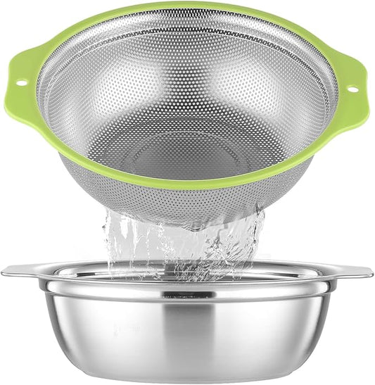 Colander Stainless Steel Microporous, 2QT Rice Strainer with Mixing Bowl, Rice Washer Bowl Set with Handle, Food-Grade Strainers and Colanders for Kitchen, Pasta, Fruit, Dishwasher Safe by Unknown