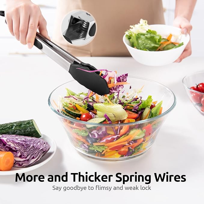 600ºF Heat Resistant Kitchen Tongs: U-Taste 9+12 inch Silicone Cooking Tong Set with Firm Sealed Non Stick Rubber Tips and Silicon Coated 18/8 Stainless Steel Handle for Serving Grilling Salad (Black) - Image 8