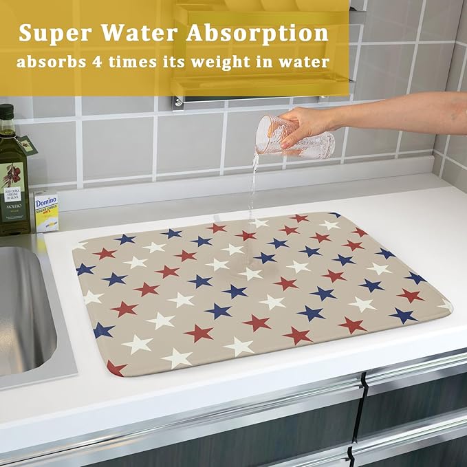 Patriotic July of 4th Blue Red White Star Dish Drying Mat for Kitchen Counter 18x24 Independence Day Absorbent Reversible Microfiber Drying Mats Kitchen Countertop Protector Dishes Drainer Rack Pad - Image 7