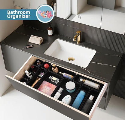 Kutesna 15 Piece Drawer Organizer Set, 3 Size Interlocking Plastic Storage Bins for Office Supplies, Jewelry Makeup Vanity, Bathroom Kitchen, Home Organization Closet, Gadgets Small Items, Black - Image 4