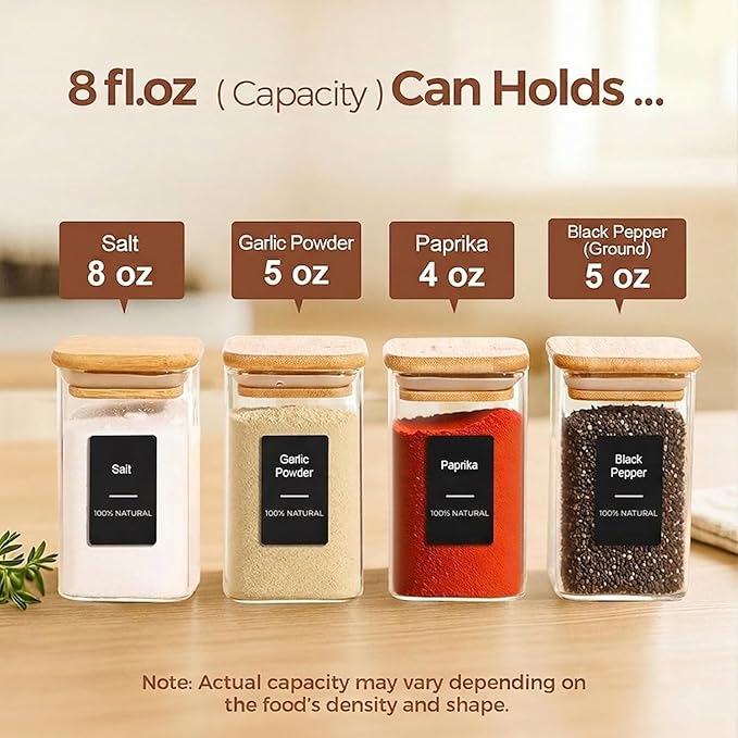 ComSaf 12Pcs Spice Jars with Labels, Glass Jar with Bamboo Lid, 8oz Airtight Square Containers with Black Lables, Empty Seasoning Jars for Spice, Salt, Pepper, Sugar - Image 2