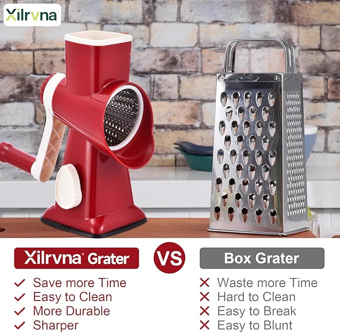 Rotary Cheese Grater with Handle Kitchen Shredder Slicer Grater Slicer Ice Shaver Cheese Vegetable Nuts Potato Zucchini Chocolate 3 Interchangeable Blades (RedWhite) - Image 2