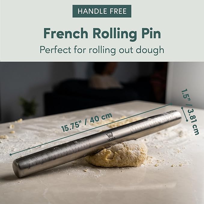 Ultra Cuisine French Rolling Pin for Baking – Tapered Stainless Steel Design with Measurements, Professional or Home Use with Pizza, Cookie, & Pastry Dough, or Fondant and Pie Crust – Dishwasher-Safe - Image 3