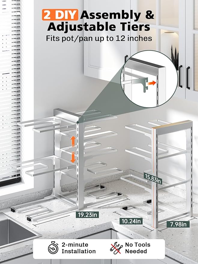 MUDEELA 8-Tier Pots and Pans Organizer under Cabinet, 15.83" Height Heavy Duty Pot Pan Organizer Kitchen Cabinet Organization and Storage, Adjustable Pot Rack for Frying Pan, Cast Iron Skillet, Sliver - Image 3