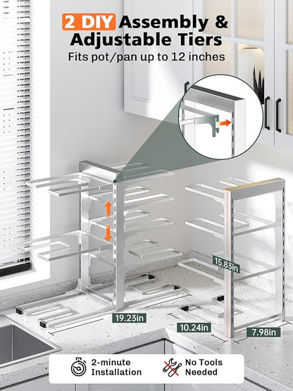 MUDEELA 8-Tier Pots and Pans Organizer under Cabinet, 15.83" Height Heavy Duty Pot Pan Organizer Kitchen Cabinet Organization and Storage, Adjustable Pot Rack for Frying Pan, Cast Iron Skillet, Sliver - Image 3