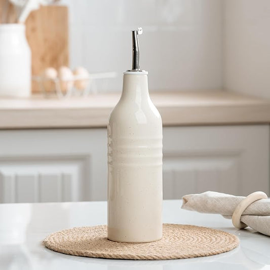 famiware Jupiter 16oz Ceramic Olive Oil Dispenser Bottle, 1 Piece Oil Dispenser for Kitchen with Stainless Steel Pourers, Suitable for Storage Vinegar, Soy Sauce, Coffee Syrup, Vanilla White