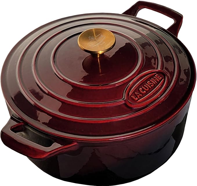La Cuisine Enameled Cast Iron Dutch Oven Casserole Dish Pot with Lid, 5 QT 10.3“ /26cm Dia. Internal Matt Black Enamel Coating Gold-Plated SS Lid Handle Oven Safe up to 500° F, Cranberry