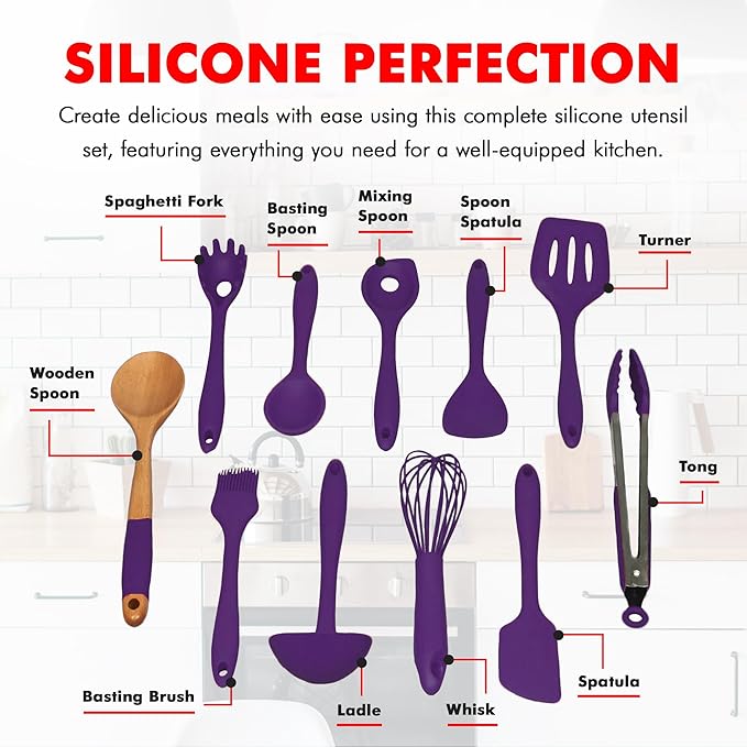 Chef Craft Premium Silicone Kitchen Tool and Utensil Set, 11 Piece, Purple - Image 4