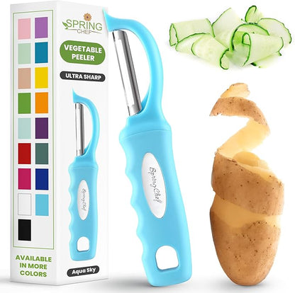 Spring Chef Premium Swivel Vegetable Peeler, Soft Grip Handle and Ultra Sharp Stainless Steel Blades - Perfect Kitchen Peeler For Veggie, Fruit, Potato, Carrot, Apple - Aqua Sky by SpringChef