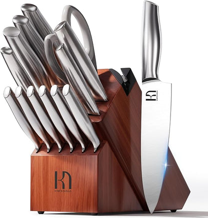 KnifeSaga Knife Set Premium, Japanese High Carbon Stainless Steel 14 Pcs Kitchen Knives Block Set with Built-in Sharpener and Wood Block, Razor Sharp Knife Sets for Kitchen with Ergonomic Handle by PushBoundariesforSharpness